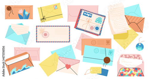 Cartoon different envelopes, flat envelope with letter and stamps. Postcrossing hobby, handmade mail vintage elements. Isolated post decent vector set