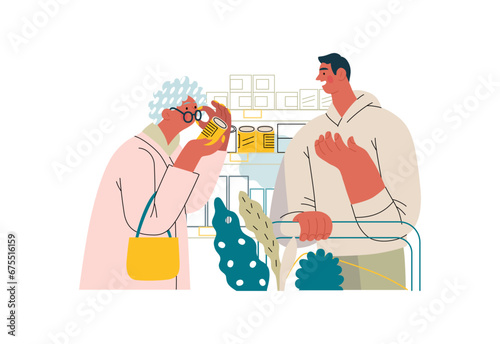 Mutual Support: Helping a visually impaired person -modern flat vector concept illustration of man offering to read label for woman in supermarket A metaphor of voluntary, collaborative exchanges
