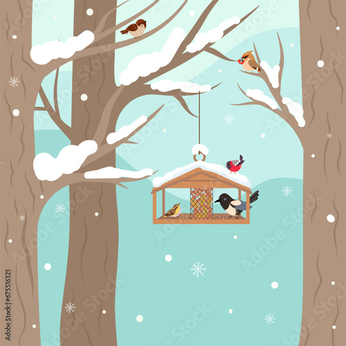 Winter feeder for birds in forest or park. Cartoon feeder hang on tree branch. Seasonal bird eating seeds and berries, nowaday vector nature background photo