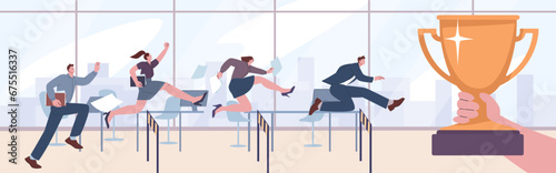Business people running with obstacles. Cartoon flat office workers competition and run to golden cup. Bonus from boss kicky vector scene