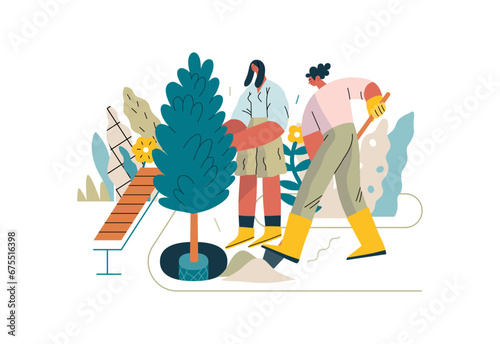 Mutual Support: Community yard improvement -modern flat vector concept illustration of people planting trees and plants A metaphor of voluntary, collaborative exchanges of resource, services