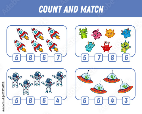 Education game for children count and match of space elements, cute cartoon monsters, ufo, astronauts and rocket printable worksheet. Vector