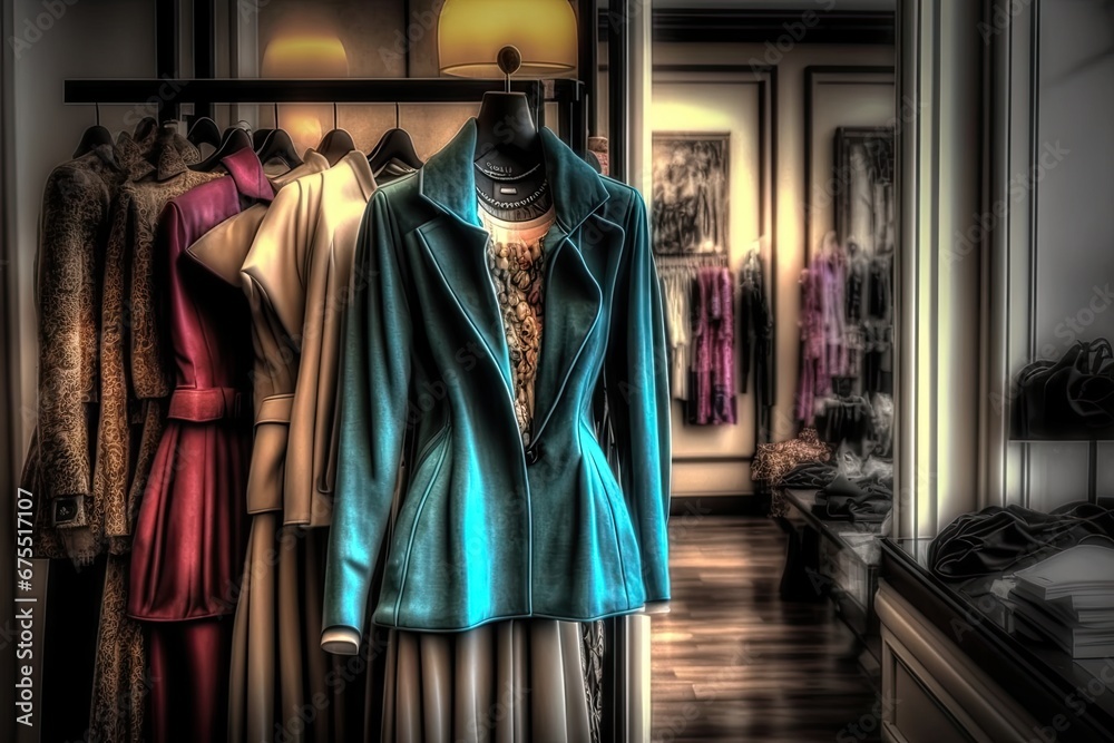 Fashionable clothes on mannequin in wardrobe