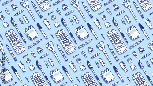 Vector pattern of stationary items. Background with desk accessories. Back to school concept design.
Good for textile design, wrapping paper, wallpaper.
