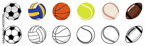 Sports balls icon set. Balls for Football, Volleyball, Basketball, Soccer, Tennis, Baseball. Vector illustration photo