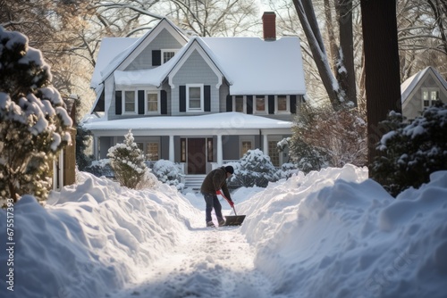 Man shoveling snow from his driveway with a shovel photo
