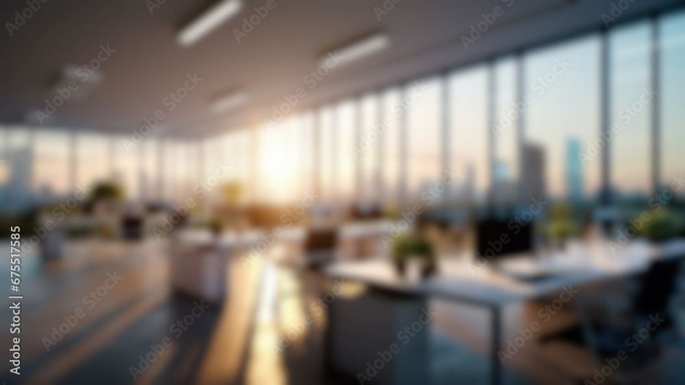 A glass office building blurred interior illuminated by a city sunset