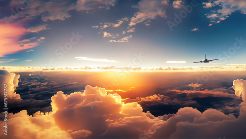 Cena de avião sobrevoando um céu cheio de nuvens douradas com a luz do entardecer. photo