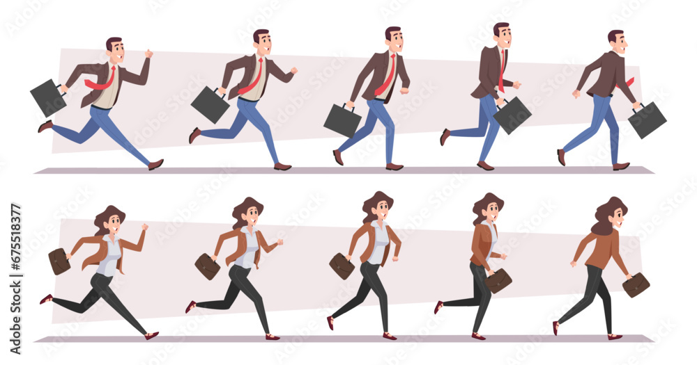 Businessman in action. Active hurry people running with suitcases exact vector male and female characters Businessman in action. Active hurry people running with suitcases exact vector male and female characters