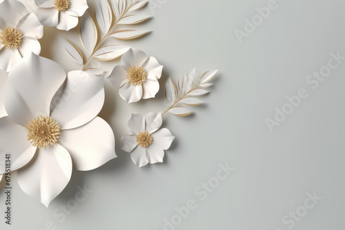 White paper abstract 3D flowers background. Beautiful romantic floral design.