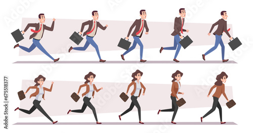 Businessman in action. Active hurry people running with suitcases exact vector male and female characters