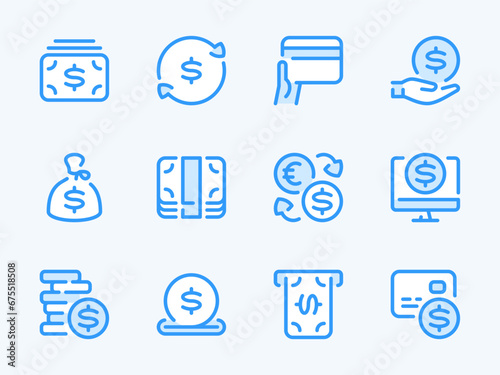 Money, Dollar and Finance vector line icons. Payment and Savings outline icon set. Money bag, Pile of coins, ATM, Credit card, Online payment and more.