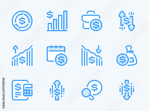 Money, Dollar and Finance vector line icons. Trading market and Financial analytics outline icon set. Stock portfolio, Trading schedule, Market profit, Investment search, Stock sales and more.