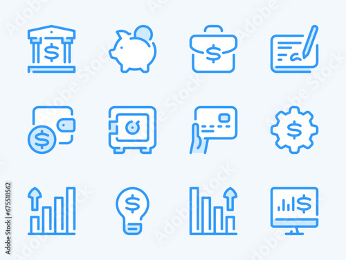 Money, Dollar and Finance vector line icons. Banking and Financial services outline icon set. Strongbox, Wallet, Financial idea, Piggy bank, Checkbook, Financial portfolio, and more.