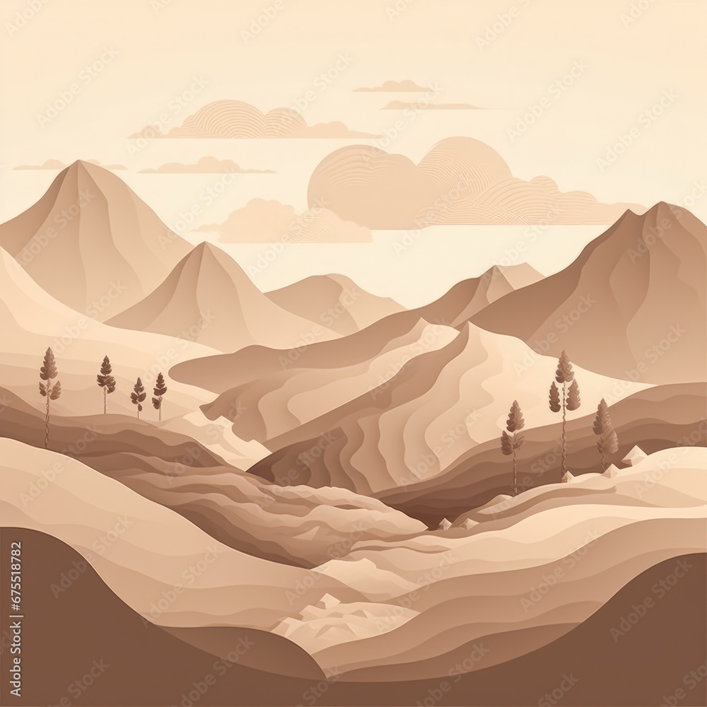 Flat style abstract minimalistic aesthetic mountains landscape background. Beige brown color shades.