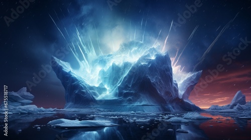 A fiery explosion of a supernova contrasted with the cold, blue hue of an iceberg.