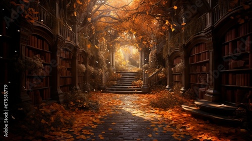 A forest path covered in fallen leaves becoming the aisles of a grand library filled with books. photo