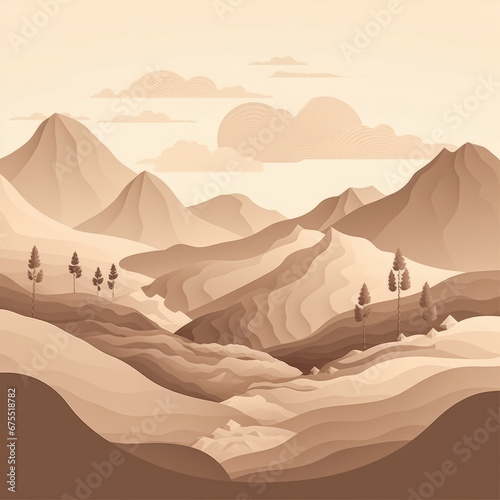 Flat style abstract minimalistic aesthetic mountains landscape background. Beige brown color shades.