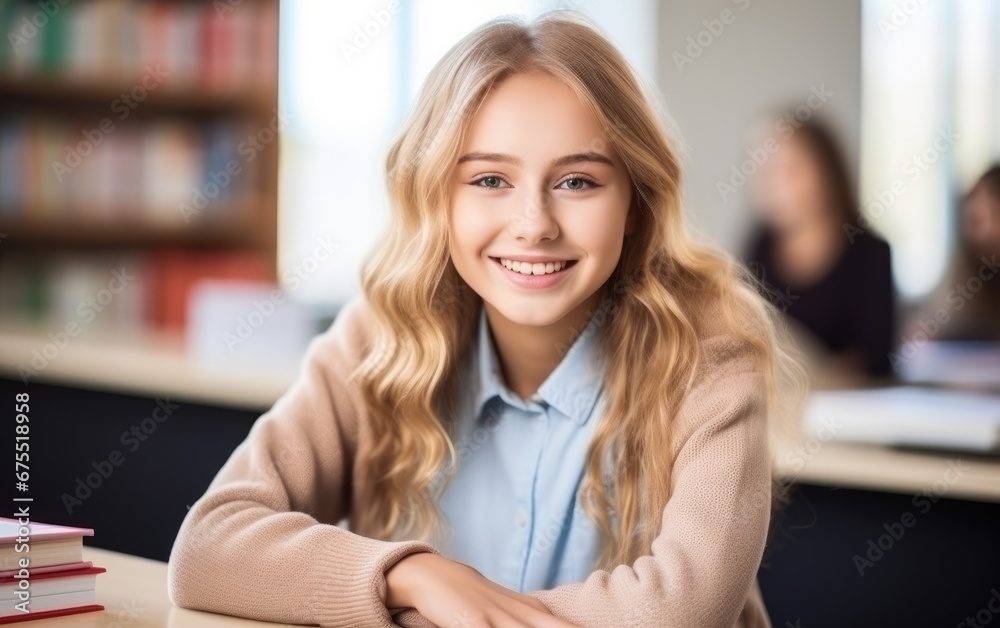 Happy young female student with book leaning on desk in classroom Happy young female student with book leaning on desk in classroom