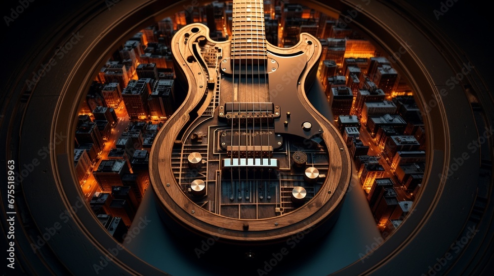 A guitar's soundhole where the strings inside become the roads of a bustling metropolis.