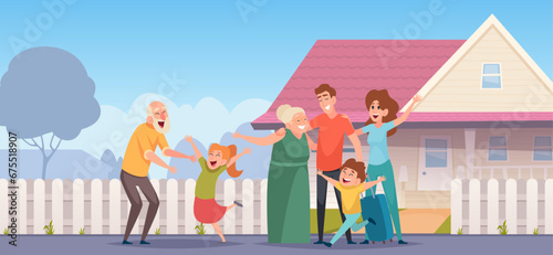 People meeting home. Cartoon happy characters come back home exact vector background