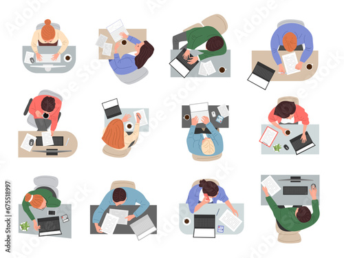 Managers top view. Business people in action poses sitting recent vector cartoon persons