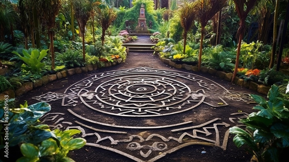 A labyrinth garden paths overlaid with the intricate designs of a mandala.