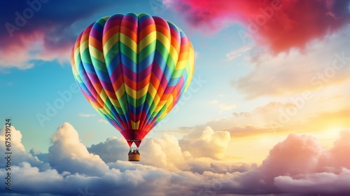 A hot air balloon floating high, gradually becoming part of a vibrant rainbow. photo