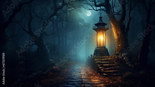 A lantern glowing softly, its light dissolving into a foggy, mystical forest path.