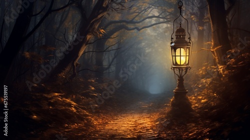 A lantern glowing softly, its light dissolving into a foggy, mystical forest path. photo