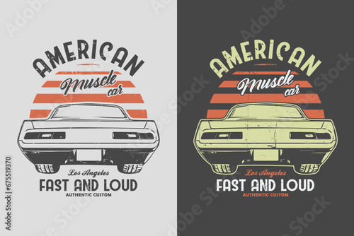 American Muscle Car Vector T-Shirt Design. Vintage classic car black and white background prints t shirt. old colorful retro car tshirt graphics.