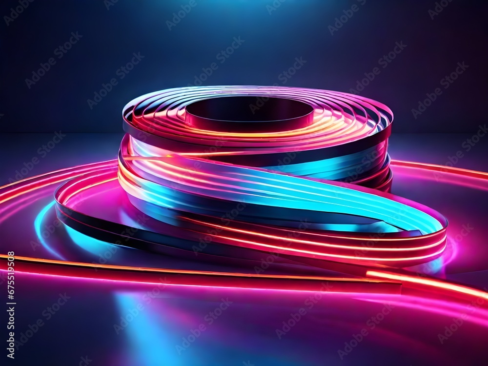 A 3D render featuring an abstract neon background with fluorescent lines glowing in a dark room, casting reflections on the floor, fantastic panoramic wallpaper, generative ai