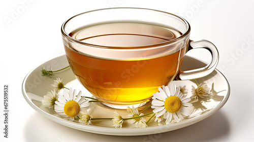 Illustration with a cup of chamomile tea on a white background. For covers, banners, wallpapers and other projects about herb tea and herbal treatment .