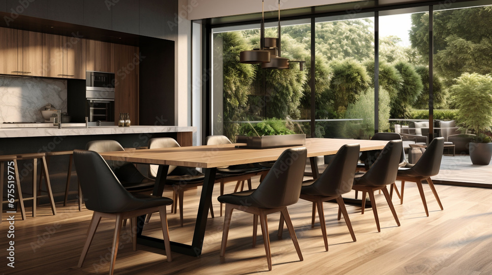 A large kitchen with contemporary interior design. beauty of a wooden table and chic chairs that give the home character. AI generative.