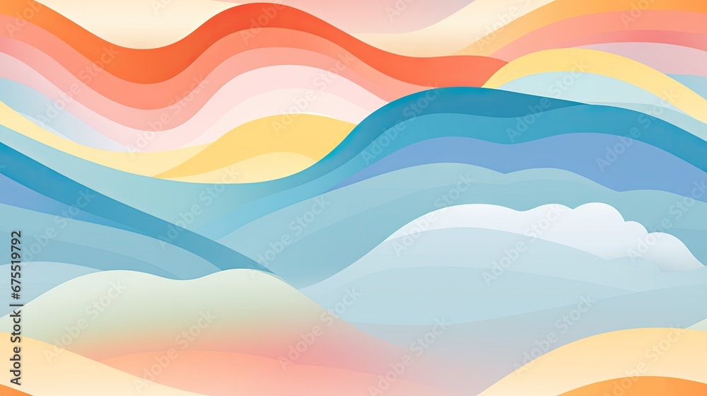 a painting of a mountain range with a blue sky and white clouds in the center of the image is an orange, blue, yellow, pink, and blue mountain range with white clouds in the center.  generative ai