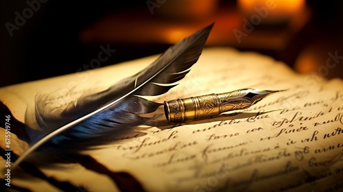 A quill pen with its tip turning into the flowing script of an ancient manuscript.