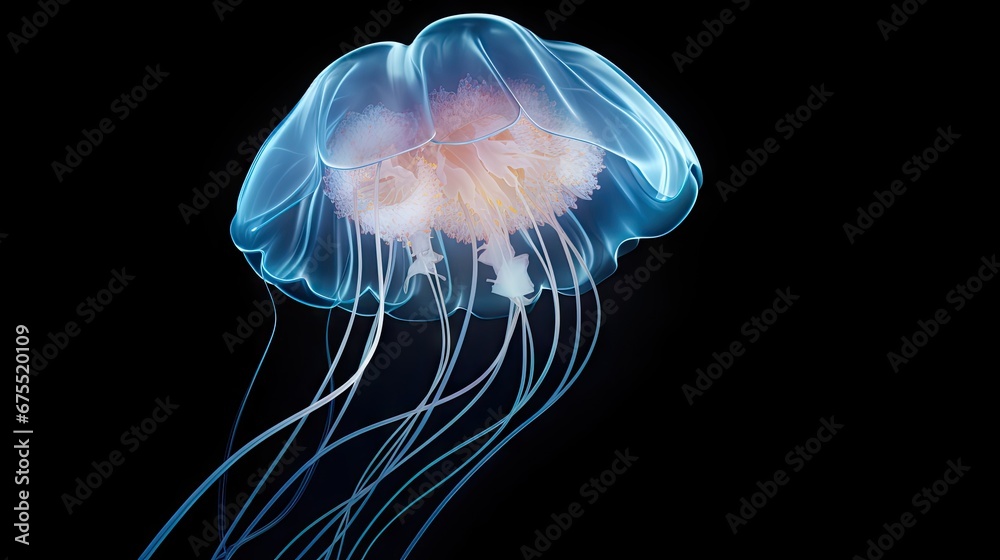 Fototapeta premium a close up of a jellyfish in the water with its head turned to look like it is floating in the air. generative ai