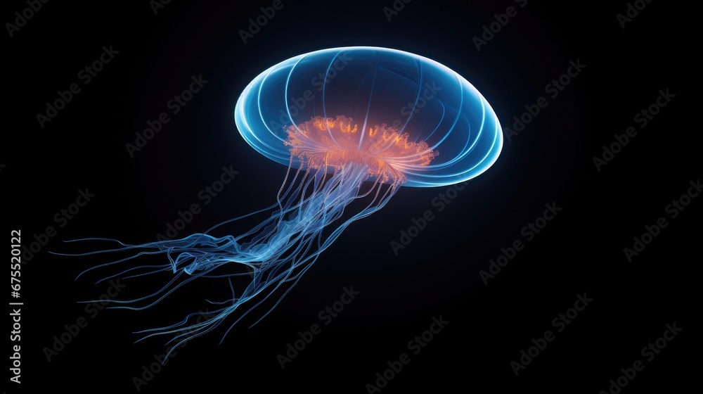 a close up of a jellyfish on a black background with a red light in the middle of it's body. generative ai a close up of a jellyfish on a black background with a red light in the middle of it's body. generative ai