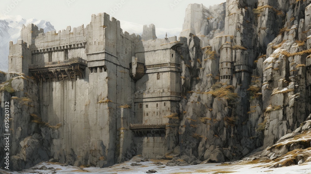 A rugged cliff face slowly blending into the detailed facade of an ancient castle.
