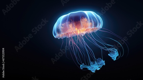  a close up of a jellyfish in the water with blue and orange lights on it's back legs.  generative ai © Anna
