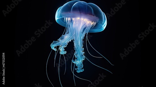  a close up of a jellyfish on a black background with a light in the middle of it's head. generative ai