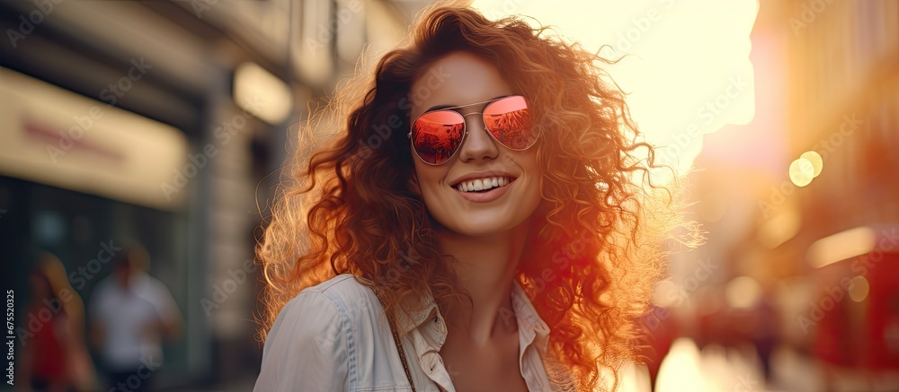 Obraz na płótnie A casual girl with a vibrant smile and a colorful face strolls through the city streets embodying the concept of summer fashion as she embraces the outdoor travel experience during sunset ca w salonie