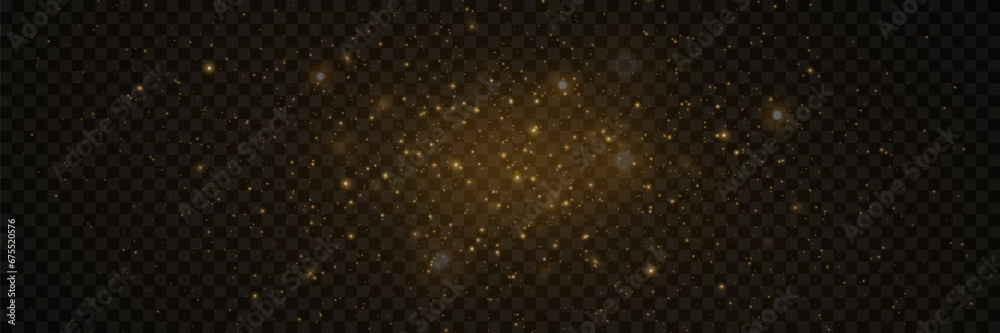 Yellow dust. Beautiful light flashes. Dust particles fly in space. Bokeh effect. On a transparent background.