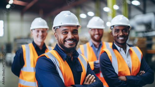 Portrait group of diverse industry worker working in factory warehouse.