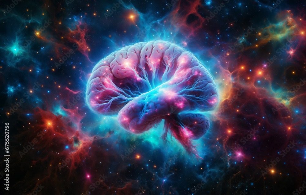 A brain-shaped nebula with cosmic rays as neural pathways against a starry sky with neon pink and blue hues.