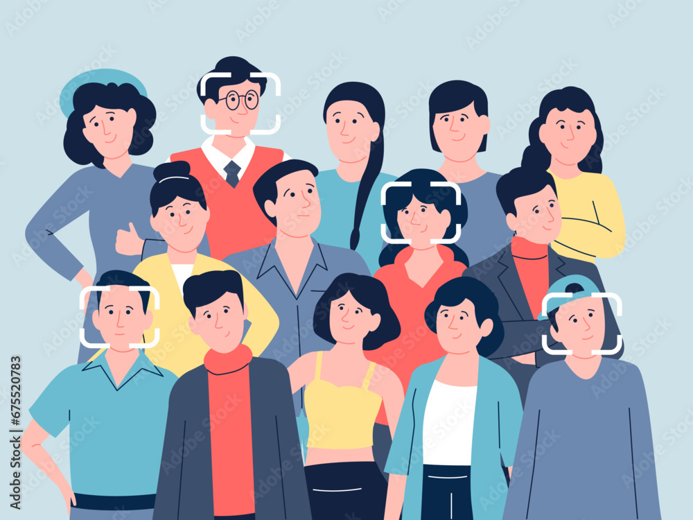 Face identification in crowd. Security technologies, biometric authentication person in public spaces. Id recognition recent vector concept Face identification in crowd. Security technologies, biometric authentication person in public spaces. Id recognition recent vector concept