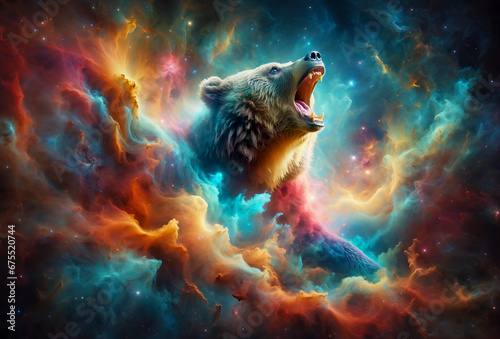 A fierce bear roars as it emerges from a colorful nebula, capturing motion and flow against deep space... © Quardia Inc.
