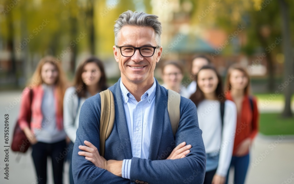 A smiling professor standing amidst students A smiling professor standing amidst students
