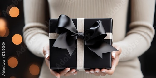 Woman hands holding a luxury silver gray black gift box with bow against a festive background, Xmas and New Year postcard design. Black Friday sales, Birthday celebration party concept photo