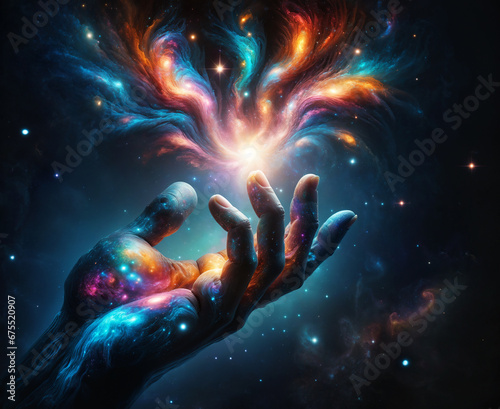 A cosmic hand with galaxies swirling across its palm offers the universe against a dark black backdrop.